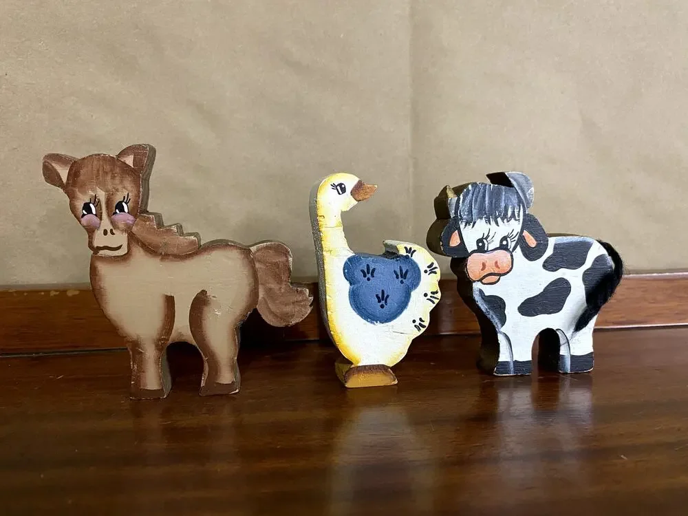 Vintage Handmade Wooden Farm Animal Figurines Set Cow Horse Duck Wood